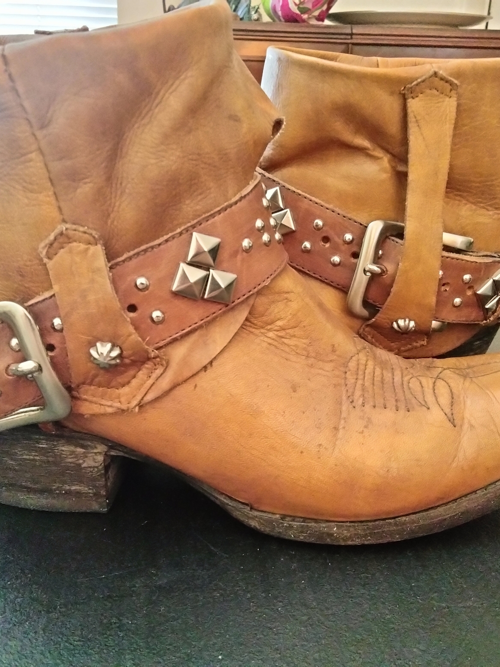 Studded Tan Leather Ankle Booties with Buckle Strap